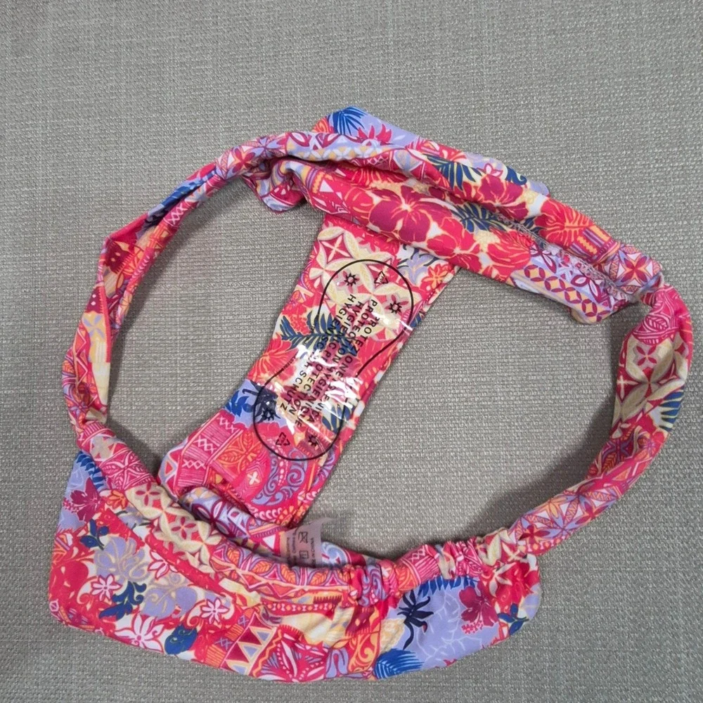 Pink Tropical Patchwork Triangle Bikini Set Women Size M Gold Charm Detail